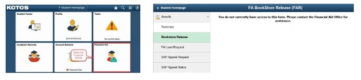 Student Self Service: Financial Aid tile on the left and FA Loan Request sidebar link on the right
