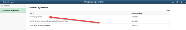 Completed Agreements page with red arrow pointing towards "Financial Agreement"
