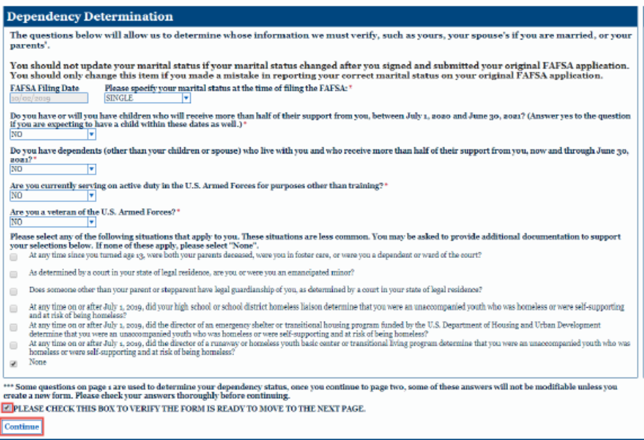 Dependency Determination Form Screenshot