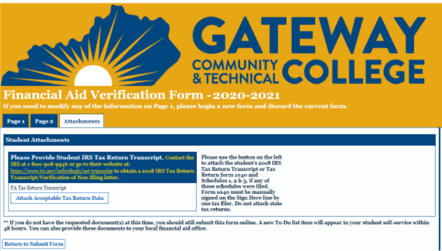 Screenshot of Financial Aid Verification Form 2020-2021 with attachements