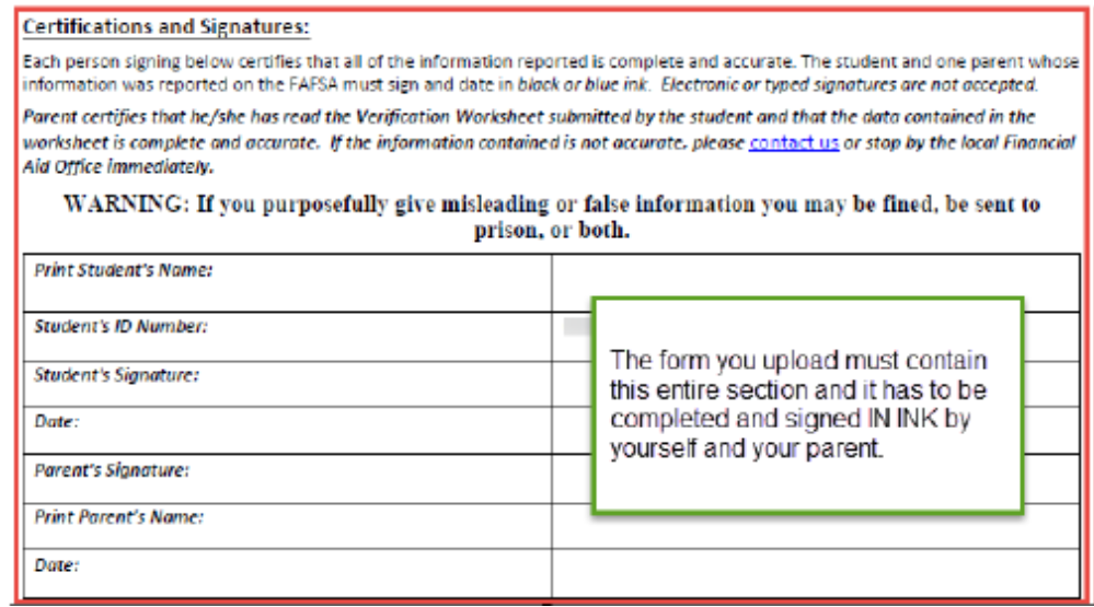 Certifications and Signatures Screenshot of Financial Aid Forms