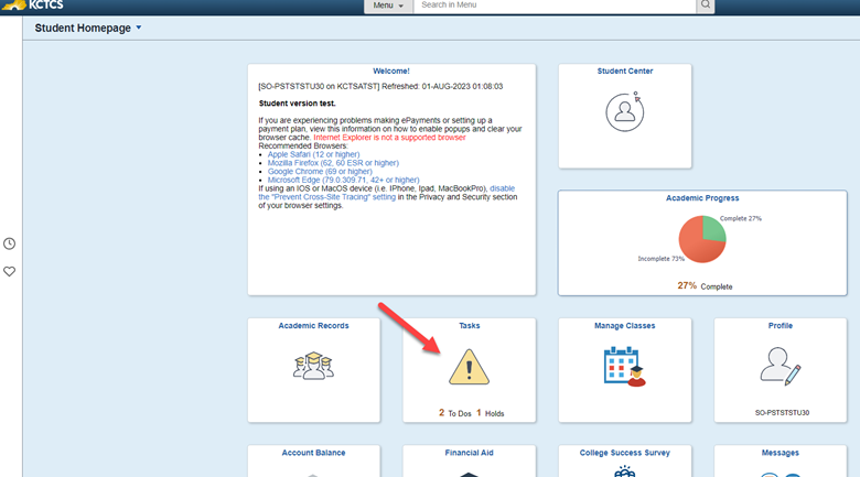 Student Self_Service Home Page with red arrow pointing toward the "Tasks" button.
