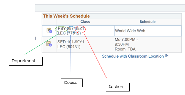 course schedule screenshot