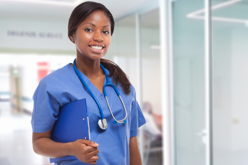 girl in scrubs with sthescope 