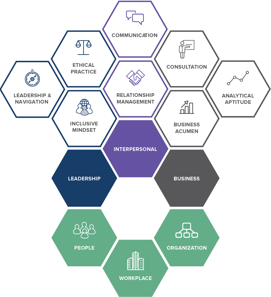 Hexagon-based diagram showing core competency areas. At the center is “Interpersonal,” surrounded by “Relationship Management,” “Communication,” “Consultation,” “Analytical Aptitude,” “Business Acumen,” “Inclusive Mindset,” “Ethical Practice,” and “Leadership & Navigation.” These are grouped into three larger categories at the bottom: “Leadership,” “Business,” and “People,” with “Organization” and “Workplace” also represented as foundational areas.